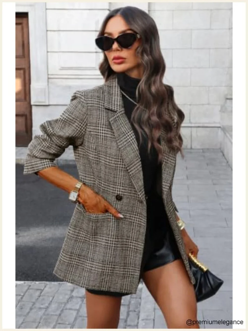 Women's Longline Double-Breasted Plaid Tweed Blazer Notch Collar Machine